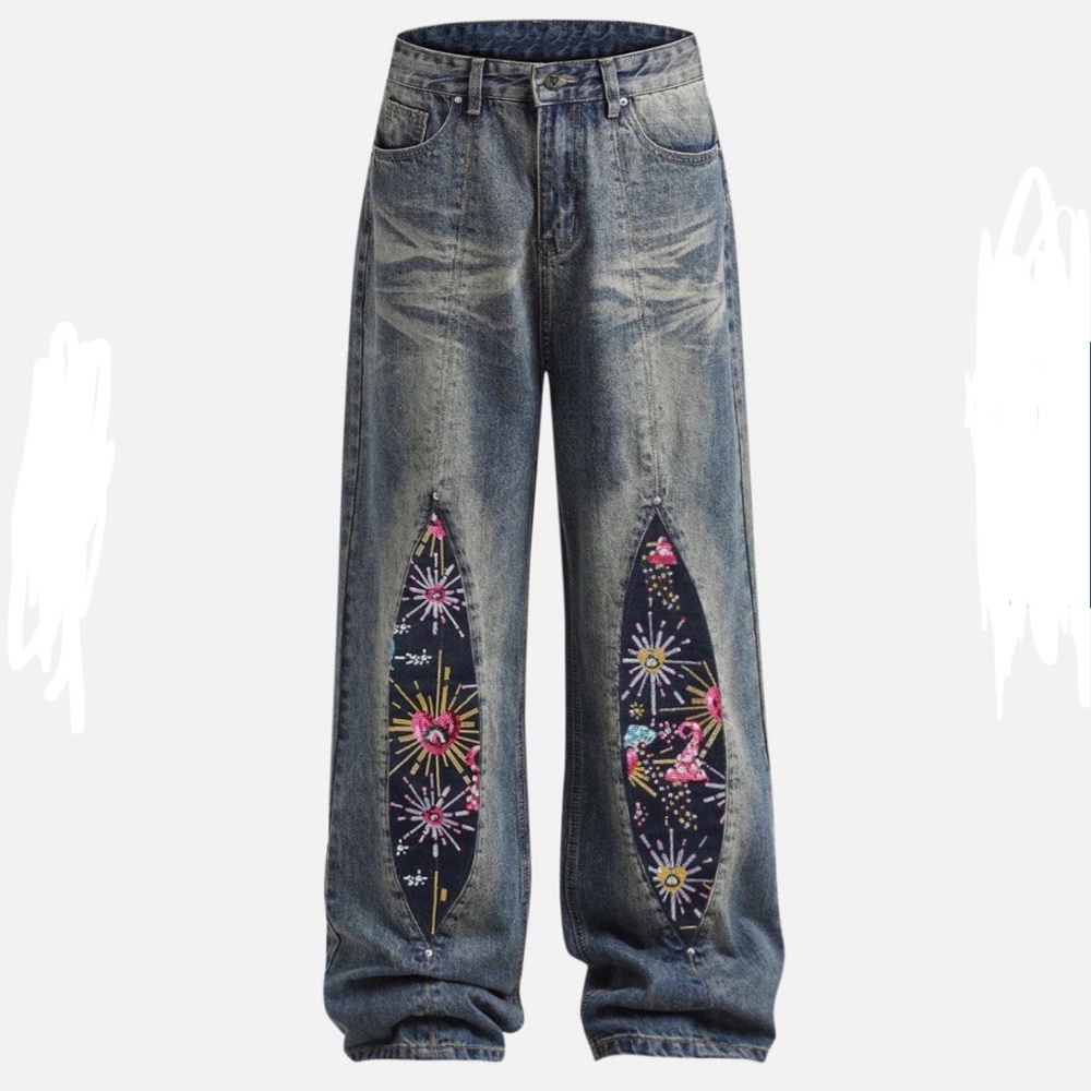 AELFRIC EDEN FIREWORK BEADWORK BAGGY JEANS